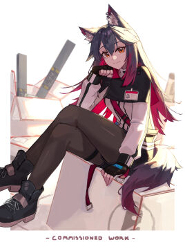1girl animal_ear_fluff animal_ears arknights black_capelet black_gloves black_hair black_pantyhose black_shoes black_shorts box capelet carbon_(arknights) closed_mouth commission crossed_legs fingerless_gloves genieko gloves gradient_hair hand_on_own_cheek hand_on_own_face highres id_card jacket long_sleeves multicolored_hair on_box orange_eyes pantyhose pantyhose_under_shorts red_hair shoes short_shorts shorts simple_background sitting sitting_on_box smile solo tail texas_(arknights) thigh_strap white_background white_jacket wolf_ears wolf_girl wolf_tail