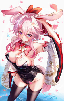 1girl alternate_costume animal_ears armpit_crease black_thighhighs blush bow breasts cleavage commentary_request detached_collar detached_sleeves evanescia_(honkai:_star_rail) floral_print flower fox_ears fox_girl fox_tail groin hair_flower hair_intakes hair_ornament highres honkai:_star_rail honkai_(series) large_breasts leotard petals pink_hair purple_eyes red_bow solo tail thighhighs tomoe_(pixiv_53856103) water