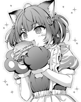 +_+ 1girl :3 :d ahoge akami_karubi animal_ears animal_hands apron blush blush_stickers bright_pupils burger cat_ears cat_girl commentary eating fang food frilled_apron frills from_below fur-trimmed_sleeves fur_trim greyscale hair_ribbon halftone halftone_background hands_up haruhana_aya heart highres holding holding_burger holding_food indie_virtual_youtuber monochrome open_mouth puffy_short_sleeves puffy_sleeves ribbon shirt short_hair short_sleeves simple_background smile solo sparkle two_side_up upper_body virtual_youtuber waist_apron white_background
