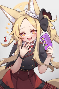 1girl :d animal_ear_fluff animal_ears black_flower black_jacket blonde_hair blue_archive blush bow commentary cosplay cropped_jacket eighth_note english_commentary fang flower forehead fox_ears fox_girl fox_tail grey_background hair_flower hair_ornament halo hands_up high-waist_skirt highres holding jacket looking_at_viewer miya_(miyaruta) musical_note mutsuki_(blue_archive) mutsuki_(blue_archive)_(cosplay) open_mouth parted_bangs pink_eyes plaid_clothes plaid_skirt red_bow red_skirt seia_(blue_archive) side_ponytail sidelocks simple_background skirt smile solo star_(symbol) tail white_flower