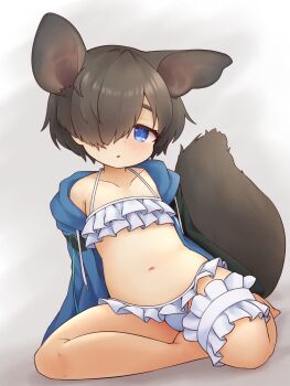 1boy absurdres animal_ears bikini blue_eyes commentary_request commission frilled_bikini frills hair_over_one_eye highres indie_virtual_youtuber male_focus navel shoboimu solo swimsuit tail virtual_youtuber white_bikini