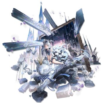 2girls :o absurdres amiya_(arknights) animal_ear_fluff animal_ears arknights back_bow bare_legs black_bow black_shoes blue_bow bow castle cat_ears cat_girl cat_tail chess_piece clone collar collarbone crown dress floating floating_object floating_sword floating_weapon flower frilled_bracelet frilled_collar frilled_dress frilled_skirt frills full_body grass green_eyes hair_flower hair_ornament high_heels highres holding holding_stuffed_toy huge_bow huge_weapon infection_monitor_(arknights) kal'tsit_(arknights) liyu_li long_hair long_sidelocks looking_at_another looking_back low_ponytail multicolored_shoes multiple_girls night official_alternate_costume official_art open_mouth originium_(arknights) outdoors petals picture_frame ponytail purple_flower purple_petals riding rosmontis_(an_airy_dream)_(arknights) rosmontis_(arknights) rubble shoes sidelocks skirt sky stained_glass standing star_(sky) starry_sky stuffed_animal stuffed_toy sword tail third-party_source through_medium through_painting transparent_background two-tone_shoes weapon white_bow white_collar white_dress white_hair white_shoes wide_sleeves