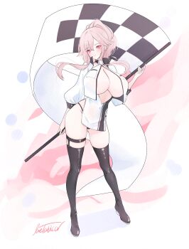 1girl absurdres alternate_costume alternate_hairstyle azur_lane black_boots boots breasts brown_hair checkered_flag cleavage clemenceau_(azur_lane) closed_mouth commentary_request covered_navel dress flag full_body groin hair_between_eyes highres holding holding_pole large_breasts light_smile livetarica long_hair long_sleeves looking_at_viewer pelvic_curtain pole ponytail race_queen red_eyes shadow shrug_(clothing) sidelocks signature skindentation solo standing thigh_boots thigh_strap white_background white_dress white_shrug