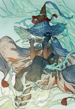 branch character_request commentary dark_skin english_commentary feathers feet hat highres solo tagme tongari_boushi_no_atelier watermark white_background white_hair witch_hat wrist_cuffs yuumei