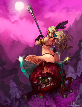 1girl amazon_(dragon&#039;s_crown) amazon_warrior armlet armor arrow_(projectile) ass axe beholder bikini_armor blonde_hair blood breasts circlet colored_blood corpse dragon&#039;s_crown elsevilla feathers female_focus full_moon gloves green_blood halberd highres huge_ass image_sample impaled jewelry large_breasts leg_tattoo long_hair monster moon muscular muscular_female night pink_sky polearm purple_sky revealing_clothes sitting sky solo tattoo thick_thighs thighs thong tribal_tattoo vanillaware weapon