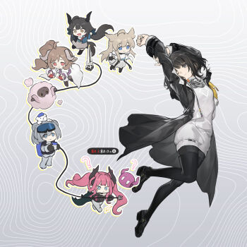 Rule 34 | 6+girls, ?, absurdres, ardelia (arknights), arknights, arknights: endfield, aurora (arknights), black coat, black eyes, black hair, black pantyhose, black shoes, blue eyes, brown eyes, brown hair, cable, chen qianyu (arknights), chibi, chinese commentary, coat, commentary request, dragon girl, elevation contour lines, endministrator (arknights), eyjafjalla (arknights), female endministrator (arknights), goggles, goggles on head, grey hair, highres, holding, holding cable, if happiness is a circle (meme), little black sheep (arknights), looking at viewer, meme, multiple girls, pantyhose, perlica (arknights), pink hair, red eyes, shoes, snowshine (arknights), sweater, white sweater, yumero, yvonne (arknights)