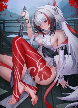 1girl absurdres barefoot black_hair breasts china_dress chinese_clothes commentary dress english_commentary highres holding holding_sword holding_weapon large_breasts leg_tattoo long_hair multicolored_hair official_alternate_color pelvic_curtain puppnett red_eyes red_hair smile solo streaked_hair sword tattoo very_long_hair weapon white_dress white_hair ye_shunguang zenless_zone_zero