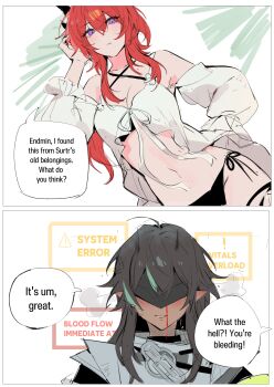 2girls absurdres arknights arknights:_endfield black_horns blood blush commentary demon_girl endministrator_(arknights) english_commentary eye_mask female_endministrator_(arknights) hair_between_eyes hair_intakes highres horns laevatain_(arknights) long_hair mask multiple_girls nosebleed pointy_ears purple_eyes red_hair smile surtr_(arknights) tomodurien