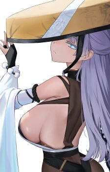 1girl absurdres ass bare_shoulders black_bridal_gauntlets black_pantyhose blue_eyes breasts bridal_gauntlets closed_mouth colored_eyelashes commentary cowboy_shot from_behind goddess_of_victory:_nikke hat high-waist_pantyhose highres large_breasts long_hair looking_at_viewer looking_back nayuta_(nikke) pantyhose sideboob solo white_eyelashes white_hair yuridango