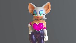 1girl 3d album_cover angry animated armpits assertive_female audible_speech bare_shoulders belladonnasin between_breasts boots bouncing_breasts breasts controller cover detached_sleeves disgust english_audio fangs game_console gift green_eyes grey_background highres huge_breasts impossible_clothes large_breasts latex leotard lips looking_down nottanj pov redmoa rouge_the_bat sega sega_dreamcast sonic_(series) sonic_adventure_2 sound tagme video white_fur wings