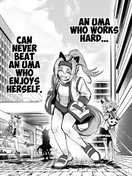 4girls :d animal_ears backpack bag buruma grappler_baki hands_in_pockets haru_urara_(bestest_prize)_(umamusume) haru_urara_(umamusume) headband highres horse_ears horse_girl horse_tail jacket matikanefukukitaru_(rising_fortune)_(umamusume) matikanefukukitaru_(umamusume) mayano_top_gun_(scramble_zone)_(umamusume) mayano_top_gun_(umamusume) multiple_girls on_railing open_mouth overpass railing rice_shower_(umamusume) sakanaflyer scene_reference shoes sidewalk silhouette smile tail thighhighs track_jacket umamusume urban walking zettai_ryouiki