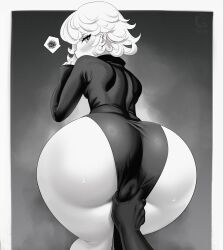 Rule 34 | 1girl, ass, ass focus, bare legs, blush, butt crack, cameltoe, dress, grabbing, grabbing from behind, highres, huge ass, looking at another, looking at viewer, meme, meme attire, one-punch man, shiny skin, skindentation, solo, sweat, tatsumaki, wide hips, windmill (artist)