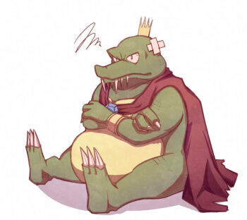 Rule 34 | animal, bandaid, bandaid on head, black eyes, bloodshot eyes, blue gemstone, brooch, cape, claws, closed mouth, clothed animal, commentary request, crocodilian, crossed bandaids, crown, defeat, donkey kong (series), gem, jewelry, king k. rool, looking ahead, nintendo, no humans, pimuppa, red cape, shadow, sharp teeth, simple background, sitting, squiggle, super smash bros., teeth, torn cape, torn clothes, upper teeth only, v-shaped eyes, white background, yellow crown