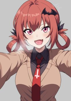 1girl :d absurdres bat_hair_ornament blush breasts breath collared_shirt commentary fang foreshortening gabriel_dropout grey_background hair_ornament highres large_breasts long_sleeves looking_at_viewer medium_hair n0e11e necktie open_mouth pink_eyes pov satanichia_kurumizawa_mcdowell shirt sidelocks simple_background smile solo straight-on twintails upper_body vest