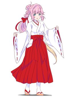 1girl :o ahoge alternate_costume anyoji_hime blonde_hair blue_eyes blunt_bangs blush breasts commentary_request foot_up full_body gradient_hair hair_intakes hair_ribbon hakama hakama_skirt highres japanese_clothes kosode link!_like!_love_live! long_hair long_skirt long_sleeves looking_at_viewer love_live! medium_breasts miko multi-tied_hair multicolored_hair myrain56991013 pink_hair ponytail red_hakama red_ribbon red_skirt ribbon sandals shadow sidelocks simple_background skirt socks solo swept_bangs tabi very_long_hair virtual_youtuber white_background white_socks wide_sleeves zouri