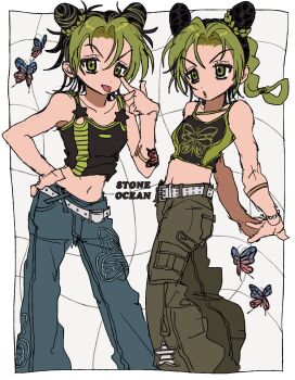 1girl :o :p arms_behind_back bare_shoulders belt black_border black_hair black_tank_top blue_pants border bracelet braid braided_ponytail breasts bug bun_with_braided_base butterfly butterfly_tattoo cargo_pants cone_hair_bun copyright_name curtained_hair denim dot_nose double_bun english_text finger_to_own_nose fu_r_y green_hair green_lips green_pants green_tank_top grid_background hair_between_eyes hair_bun hand_on_own_hip highres insect jeans jewelry jojo_no_kimyou_na_bouken kuujou_jolyne medium_hair messy_hair midriff multicolored_hair multiple_views navel outside_border pants parted_bangs pearl_bracelet print_tank_top shirt short_hair sketch small_breasts star_(symbol) star_ornament stone_ocean stretching tank_top tattoo tongue tongue_out two-tone_hair white_belt white_border