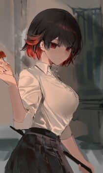 1girl absurdres baiser3rd black_hair black_skirt breasts closed_mouth collared_shirt colored_inner_hair commentary_request ellen_joe from_side highres holding korean_commentary large_breasts looking_at_viewer multicolored_hair red_eyes red_hair shirt short_hair skirt solo three-quarter_sleeves two-tone_hair white_shirt zenless_zone_zero