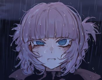 1girl blue_eyes braid braided_hair_rings chainsaw_man close-up dirty dirty_face eye_twitch fang foolish_potato hair_rings highres looking_at_viewer nanakusa_nazuna_(yofukashi_no_uta) pink_hair portrait rain reze&#039;s_eye_twitch_(chainsaw_man) ringed_eyes scene_reference solo straight-on thick_eyelashes wet wet_hair yofukashi_no_uta