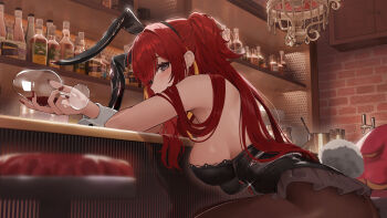 1girl absurdres akane_lize alcohol animal_ears bar_(place) bar_stool bare_shoulders black_eyes black_leotard black_pantyhose blush bottle breasts brick_wall cabinet commentary covered_mouth cup drinking_glass ears_down english_commentary fake_animal_ears fake_tail frilled_leotard frills from_side highres indoors kagemoe1003 large_breasts leotard long_hair looking_ahead mole mole_on_cheek multicolored_hair nail_polish on_stool pantyhose pienna_(akane_lize) playboy_bunny rabbit_ears rabbit_tail red_hair red_nails red_wine shelf sideboob sitting solo stellive stool strapless strapless_leotard streaked_hair tail very_long_hair virtual_youtuber white_wrist_cuffs wine wine_glass wrist_cuffs
