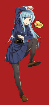 1girl arm_up black_pantyhose blue_hair blue_jacket blue_skirt breasts brown_shoes commentary_request english_text full_body jacket jujutsu_kaisen knee_up koutaro loafers long_hair long_sleeves looking_at_viewer miwa_kasumi pantyhose parted_lips pleated_skirt purple_eyes red_background shirt shoe_soles shoes simple_background skirt small_breasts solo standing standing_on_one_leg v-shaped_eyebrows very_long_hair white_shirt