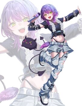 1girl :d arm_up belt bibi_(tokoyami_towa) black_collar black_panties black_shirt collar commentary cropped_shirt demon_girl demon_tail denim detached_pants detached_sleeves earrings fang frilled_shirt frills gradient_hair green_eyes grey_pants hand_up heart highres holding holding_microphone hololive jeans jewelry long_sleeves looking_at_viewer medium_hair microphone midriff multicolored_hair nametakeko navel official_alternate_costume official_alternate_hairstyle open_mouth outstretched_arm panties pants pink_hair pointy_ears purple_hair shirt shoes short_sleeves sidelocks skin_fang smile solo standing standing_on_one_leg symbol-only_commentary tail teeth tokoyami_towa torn_clothes torn_pants underwear upper_teeth_only virtual_youtuber white_belt white_shoes zoom_layer