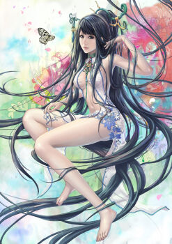 1girl adjusting_hair bare_legs bare_shoulders barefoot black_eyes black_hair breasts bug butterfly cleavage eat eat0123 feet female_focus flower hair_ornament insect legs long_hair long_legs midriff navel original ponytail realistic sitting solo thighs very_long_hair