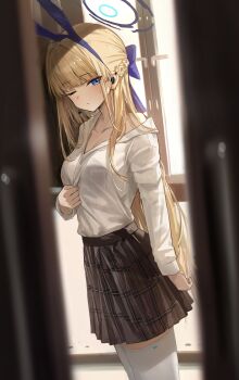1girl absurdres animal_ears blonde_hair blue_archive blue_eyes blue_halo blunt_bangs bow braid breasts cleavage collarbone collared_shirt commentary doorway fake_animal_ears hair_bow halo hidulume highres indoors long_hair long_sleeves looking_at_viewer looking_to_the_side multicolored_hair off_shoulder one_eye_closed plaid_clothes plaid_skirt playboy_bunny pleated_skirt pov_doorway rabbit_ears shirt skirt solo streaked_hair thighhighs toki_(blue_archive) toki_(bunny)_(blue_archive) very_long_hair white_shirt white_thighhighs