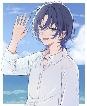 Rule 34 | 1girl, blue eyes, blue hair, border, commentary request, dress shirt, highres, hiodoshi ao, hololive, hololive dev is, jewelry, looking at viewer, medium hair, mochi jiro, mole, mole under mouth, necklace, open mouth, outside border, shirt, solo, teeth, three-quarter sleeves, virtual graduation commemoration, virtual youtuber, waving, white border