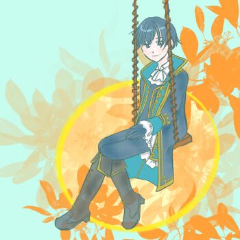 1boy baron_munchausen_(grimms_notes) blue_coat blue_hair blue_pants boots coat full_body gam8run8 grimms_notes male_focus pants short_hair sitting smile