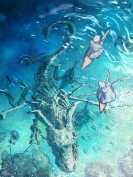 2boys absurdres animal_skeleton bone broom broom_riding cape fish giant_skeleton hat highres military_hat military_uniform mori_hisato multiple_boys ocean original ribs rock skeleton skull water