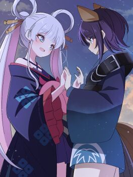 Rule 34 | 2girls, animal ears, bare shoulders, black hair, blue eyes, blue hair, blush, cho kaguya-hime!, commentary request, cowboy shot, fox ears, fox tail, from side, green eyes, grey hair, hair ornament, hair rings, hair stick, halterneck, highres, long hair, long sleeves, looking at another, multicolored hair, multiple girls, open mouth, palms together, pink hair, runami yachiyo, sakayori iroha, sasanoha (sasanoha0712), short hair, smile, star (sky), streaked hair, tail, twintails, two-tone hair, very long hair, wide sleeves, yuri