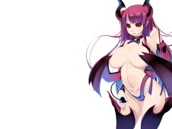 1girl arm_at_side black_sclera black_thighhighs blue_hair breasts colored_sclera confused covered_erect_nipples curvy demon_girl demon_horns demon_tail demon_wings energy game_cg gradient_hair gradient_thighhighs hair_ornament hairclip horns huge_breasts long_hair low_wings mole mole_on_breast mole_under_mouth mon-musu_quest! mon-musu_quest:_paradox multicolored_hair myusca_(succubus_prison) navel nose open_mouth playing_with_own_hair pointy_ears pubic_tattoo purple_thighhighs red_eyes red_hair red_thighhighs shiki_(psychedelic_g2) solo succubus_prison tail tattoo thighhighs thighs variant_set very_long_hair wide_hips wings x_hair_ornament