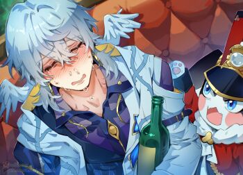 Rule 34 | 1boy, 1other, angry, beetle bun, blue eyes, bottle, closed eyes, closed mouth, collarbone, couch, crying, hair between eyes, hat, head wings, highres, honkai: star rail, honkai (series), long sleeves, male focus, on couch, open mouth, pom-pom (honkai: star rail), sitting, snot, sunday (honkai: star rail), upper body, wine bottle, wings