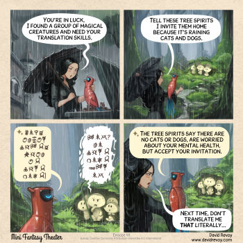 Rule 34 | 1girl, 4others, absurdres, bird, black choker, black hair, black robe, castle, cepper (minifantasytheater), choker, cloud, cloudy sky, david revoy, english text, forest, goth fashion, grass, grey eyes, highres, holding, holding umbrella, long hair, minifantasytheater, multiple others, nature, non-humanoid robot, outdoors, parrot, parrot (minifantasytheater), parted hair, rain, robe, robot, robot animal, robot bird, rock, sky, speech bubble, trash can, tree, umbrella