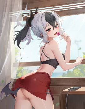 Rule 34 | 1girl, :d, alternate costume, ass, back, backlighting, bare shoulders, black hair, blue archive, blush, breasts, candy, cellphone, cowboy shot, criss-cross halter, crop top, curtains, day, demon girl, demon horns, demon wings, earclip, eyelashes, floating hair, food, from behind, grey halo, hair between eyes, halo, halterneck, hands up, hashtag-only commentary, highres, holding, holding candy, holding food, holding lollipop, horns, icarus9854, indoors, kayoko (blue archive), lollipop, long hair, looking at viewer, looking back, low wings, medium breasts, miniskirt, multicolored hair, no panties, o-ring, open mouth, pencil skirt, phone, ponytail, red eyes, red skirt, single wing, skirt, smartphone, smile, solo, tsurime, two-tone hair, white hair, window, wings