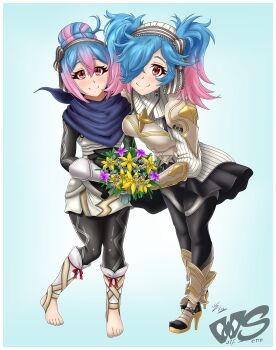artist_name barefoot blue_hair bouquet coif commission dragon_girl female_kana_(fire_emblem) fire_emblem fire_emblem_fates flower leaning_forward looking_at_viewer mother_and_daughter multicolored_hair neckerchief nintendo peri_(fire_emblem) pink_hair red_eyes simple_background twintails two-tone_hair wulfsenn