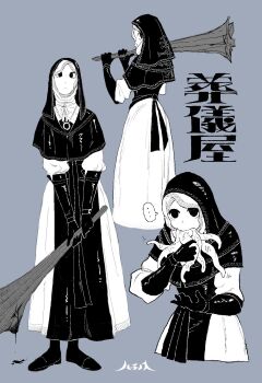 ... 1girl black_bodice black_boots black_capelet black_gloves black_hood blue_background boots capelet character_name commentary dress elden_ring elden_ring_nightreign english_commentary flanged_mace flat_color full_body gloves greyscale hachinos_ssb highres holding holding_mace holding_weapon jewelry looking_back mace monochrome multiple_views necklace nun over_shoulder solid_circle_eyes standing tentacle_in_mouth tentacles undertaker_(elden_ring) weapon weapon_over_shoulder white_coif white_dress