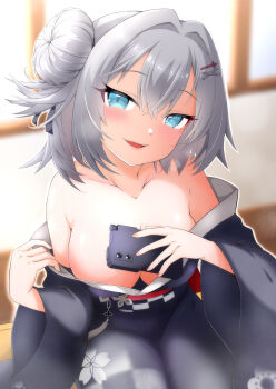 1girl absurdres azur_lane bare_shoulders black_ribbon blue_eyes blush breasts cleavage commentary_request floral_print floral_print_kimono from_above hair_between_eyes hair_bun hair_ornament hair_ribbon hairclip hands_up highres holding holding_phone jade_(azur_lane) japanese_clothes kimono kimono_pull long_sleeves looking_at_viewer looking_up medium_breasts medium_hair misopiero mole mole_under_eye no_bra off_shoulder phone print_kimono pulling_own_clothes ribbon seductive_smile single_hair_bun sitting smile solo teasing white_hair wide_sleeves