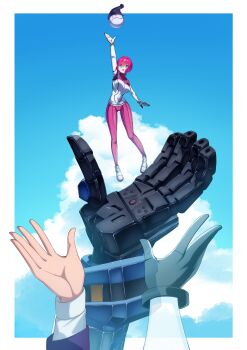 1boy 2girls 85neko absurdres amate_yuzuriha aqua_eyes blue_sky bodysuit breasts cloud commentary_request day gloves gquuuuuux gundam gundam_gquuuuuux hand_up haro hat highres jacket long_sleeves mecha mecha_pilot_suit mechanical_hands mobile_suit multicolored_bodysuit multiple_girls normal_suit_(gundam) nyaan_(gundam_gquuuuuux) open_mouth outdoors red_hair robot science_fiction shirt short_hair shuji_ito single_glove single_mechanical_hand sky smile