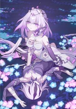 2girls arm_up bandaged_arm bandages bare_shoulders black_mask black_tiara blue_flower breasts bright_pupils butterfly_brooch camomo_nay castorice_(honkai:_star_rail) chest_sarashi cleavage closed_mouth corsage covered_eyes detached_sleeves dress elbow_gloves expressionless field flower flower_field girl_on_top gloves gradient_hair hair_intakes hair_ribbon hand_on_another's_wrist head_chain honkai:_star_rail honkai_(series) jewelry large_breasts long_hair looking_at_viewer lying lying_on_person medium_breasts midriff miniskirt multicolored_hair multiple_girls on_back pantyhose parted_lips pink_flower pointy_ears polyxia_(honkai:_star_rail) profile purple_dress purple_eyes purple_gloves purple_hair purple_ribbon ribbon sarashi shiny_skin short_hair siblings sisters skirt sleeve_slit straddling tiara turning_head twins very_long_hair white_pantyhose white_pupils white_skirt