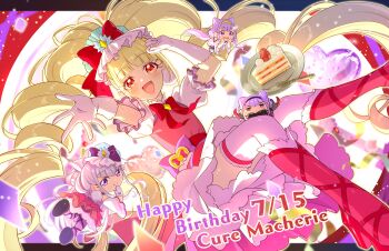 Rule 34 | 4girls, absurdres, aisaki emiru, arm up, birthday, black hairband, blunt bangs, blurry, blurry background, boots, bow, bowtie, cake, cake slice, cape, character name, chibi, clone, commentary, cone hair bun, cure amour, cure macherie, double bun, dress, earrings, food, fork, frilled skirt, frilled sleeves, frills, fruit, gloves, hair bow, hair bun, hairband, hand up, happy birthday, heart, high heel boots, high heels, highres, hugtto! precure, jewelry, jitome, knee boots, layered dress, layered skirt, long hair, looking at food, looking at viewer, looking back, magical girl, multiple girls, outstretched arm, pink bow, pink dress, pink skirt, plate, pom pom (clothes), pom pom earrings, precure, puffy short sleeves, puffy sleeves, purple bow, purple eyes, purple hair, purple shoes, red boots, red bow, red bowtie, red cape, red eyes, red sash, ribbon, rice rabbit22, ruru amour, sash, shirt, shoes, short hair, short sleeves, sidelocks, skirt, strawberry, thighhighs, twintails, very long hair, white gloves, white shirt, white thighhighs, yellow hairband, zettai ryouiki