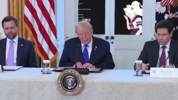 1girl 3boys ahoge animal_ear_fluff animal_ears animated audible_speech backflip bell black_thighhighs cat_ears cat_girl clapping donald_trump english_audio excited filian_(vtuber) hair_bell hair_ornament jd_vance livestream marco_rubio multiple_boys panties purple_eyes real_life shoes skirt sound tagme thighhighs third-party_edit twitch.tv underwear video virtual_youtuber white_hair
