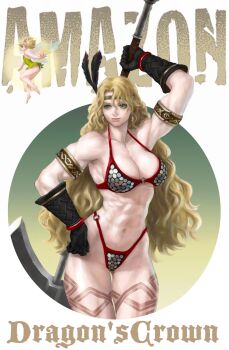 2girls abs amazon_(dragon's_crown) amazon_warrior armlet armor bikini bikini_armor black_feathers black_gloves blonde_hair character_name circlet commentary_request copyright_name dragon's_crown earrings fairy fairy_wings feather_hair_ornament feathers gloves gold_armlet gold_circlet gonome green_eyes hair_ornament halberd hand_on_own_hip highres holding holding_polearm holding_weapon jewelry leg_tattoo long_hair looking_at_viewer mini_person minigirl multiple_girls muscular muscular_female navel o-ring o-ring_bikini polearm smile solo_focus swimsuit tattoo tiki_(dragon's_crown) tooth_earrings weapon wings