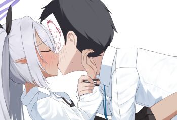 1boy 1girl black_hair blue_archive blush commentary_request dark-skinned_female dark_skin doodle_sensei_(blue_archive) from_side grey_hair halo hetero highres holding_another's_wrist iori_(blue_archive) kiss long_hair long_sleeves mintchoco_(minchothudong) paper_on_head pointy_ears purple_halo sensei_(blue_archive) shirt simple_background twintails white_background white_shirt