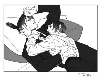 1boy 1girl arm_around_back artist_name black_hair black_jacket black_necktie black_pants black_suit border breasts chainsaw_man cigarette collared_shirt dated eyepatch formal_clothes greyscale hair_between_eyes hand_on_another's_cheek hand_on_another's_face hand_on_own_head hayakawa_aki hetero himeno_(chainsaw_man) holding holding_cigarette jacket looking_at_another medium_breasts monochrome mush820823 necktie on_bed pants parted_lips pillow ponytail shirt short_hair short_ponytail suit suit_jacket white_border white_shirt