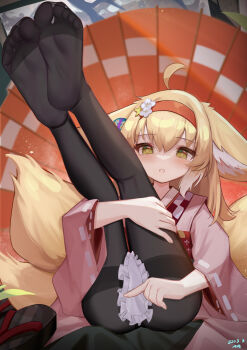 1girl ahoge animal_ears apron arknights black_pantyhose blonde_hair blush ears_down feet female_focus fox_ears fox_girl fox_tail full_body geta green_eyes hairband highres japanese_clothes kalun_(fwme3378) kimono kneepits large_variant_set legs legs_up loli long_hair long_sleeves looking_at_viewer no_shoes official_alternate_costume oil-paper_umbrella open_mouth pantyhose pink_kimono red_hairband shoes signature sitting soles solo suzuran_(arknights) suzuran_(yukibare)_(arknights) tail thighband_pantyhose toes umbrella unworn_shoes variant_set waist_apron white_apron wide_sleeves
