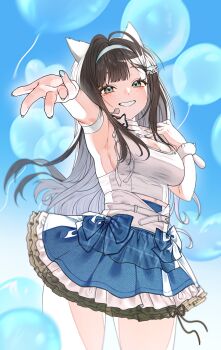 1girl absurdres aqua_headband armpits balloon black_hair blue_eyes blue_skirt breasts cat_ornament clothing_cutout commentary_request fish_hair_ornament goddess_of_victory:_nikke hair_ornament hairband headband headset heart_balloon highres idol korean_commentary large_breasts long_hair looking_at_viewer mint_(nikke) open_mouth pplmo1009 shirt skirt sleeveless smile solo white_shirt