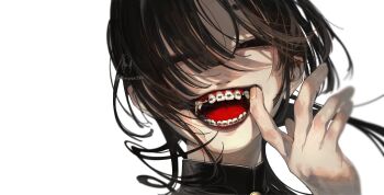 Rule 34 | 1boy, absurdres, braces, commentary request, finger in own mouth, gakuran, hand up, highres, long hair, looking at viewer, male focus, open mouth, original, portrait, school uniform, shimizu en (shimizuen3310), simple background, smile, solo, teeth