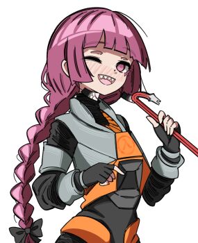 1girl absurdres armor blunt_bangs blush bocchi_the_rock! bow braid cosplay crowbar ghuler gordon_freeman gordon_freeman_(cosplay) hair_bow half-life_(series) hev_suit highres hiroi_kikuri holding holding_crowbar long_hair looking_at_viewer open_mouth orange_armor power_armor purple_eyes purple_hair sharp_teeth simple_background single_braid smile solo teeth white_background