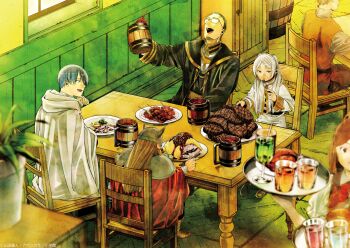 2girls 4boys abe_tsukasa absurdres alcohol armor artist_name beer beer_mug black_robe blue_hair bone boots broccoli cape capelet chair commentary_request copyright_notice cup drink drinking_straw dwarf eating eisen_(sousou_no_frieren) elf eyewear_on_head fake_horns food frieren from_above green_hair hand_on_own_chin happy heiter helmet high_collar highres himmel_(sousou_no_frieren) holding holding_cup holding_tray holding_utensil horned_helmet horns indoors ketchup long_hair mug multiple_boys multiple_girls official_art omelet omurice open_mouth plant plate pointy_ears potato_wedges potted_plant red_cape restaurant robe second-party_source short_hair shoulder_armor sitting skewer sousou_no_frieren steak table talking tray waitress white_cape white_capelet white_hair wide_shot